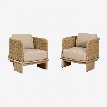 Pack Of 2 Famara Rattan And Acacia Wood Garden Armchairs Light Brown Acacia - Sklum