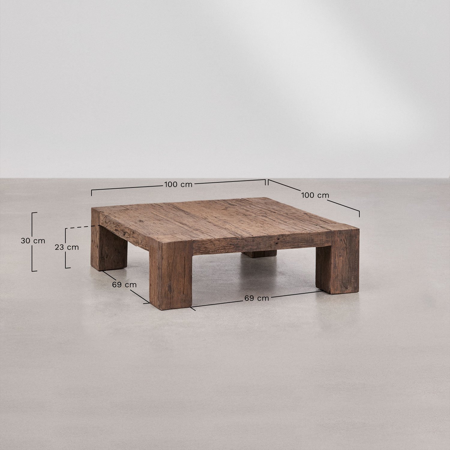 Square coffee table 100x100 cm in recycled Juvira wood, medidas