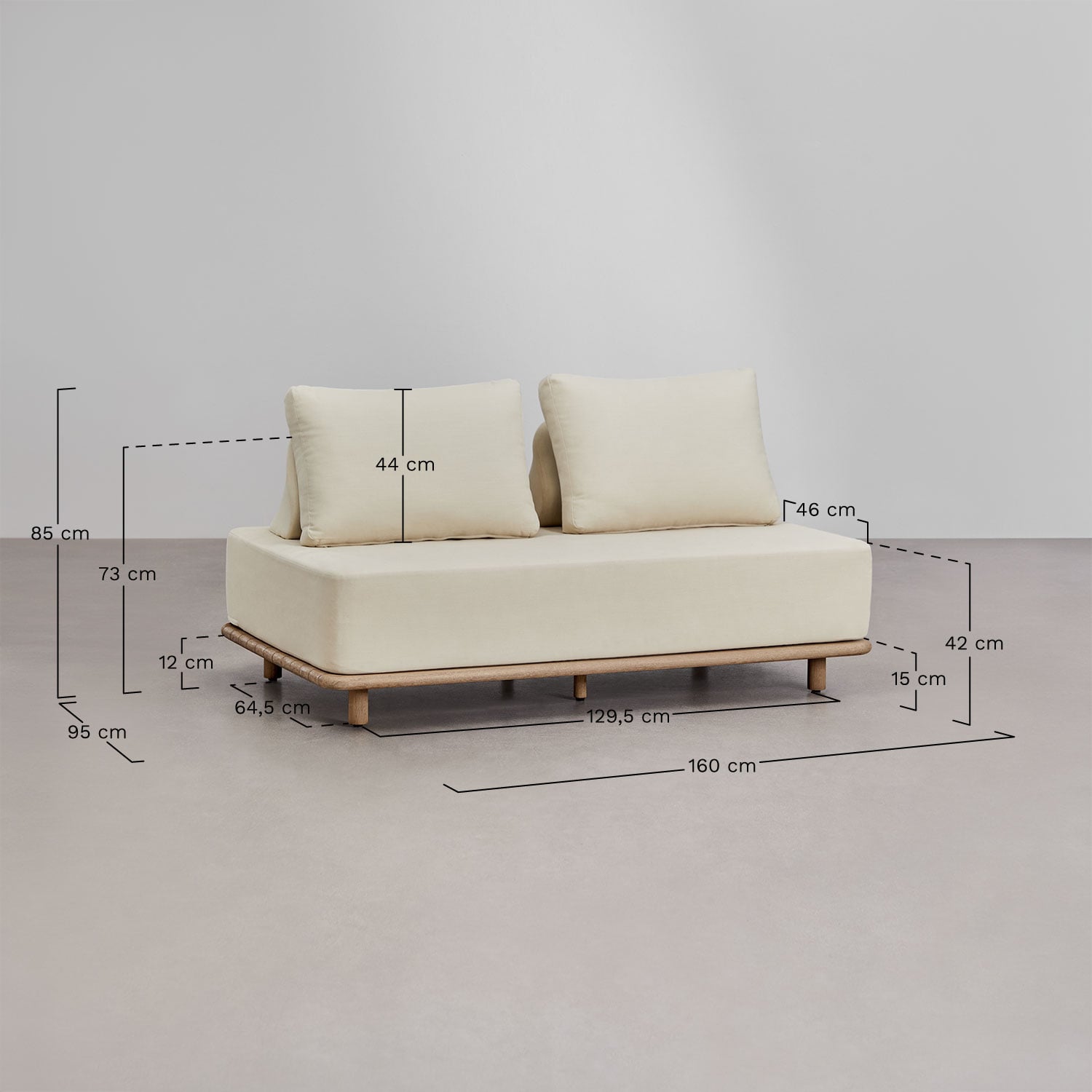 5-piece corner modular sofa living room set with acacia Portet side table, medidas