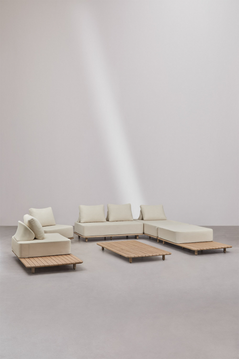 Living room set with a 3-piece modular chaise longue sofa, side table, 2 armchairs and a 160x95 cm coffee table in Portet acacia