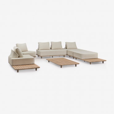 Living Room Set With A 3-piece Modular Chaise Longue Sofa, Side Table, 2 Armchairs And A 160x95 Cm Coffee Table In Portet Acacia Gardenia White -