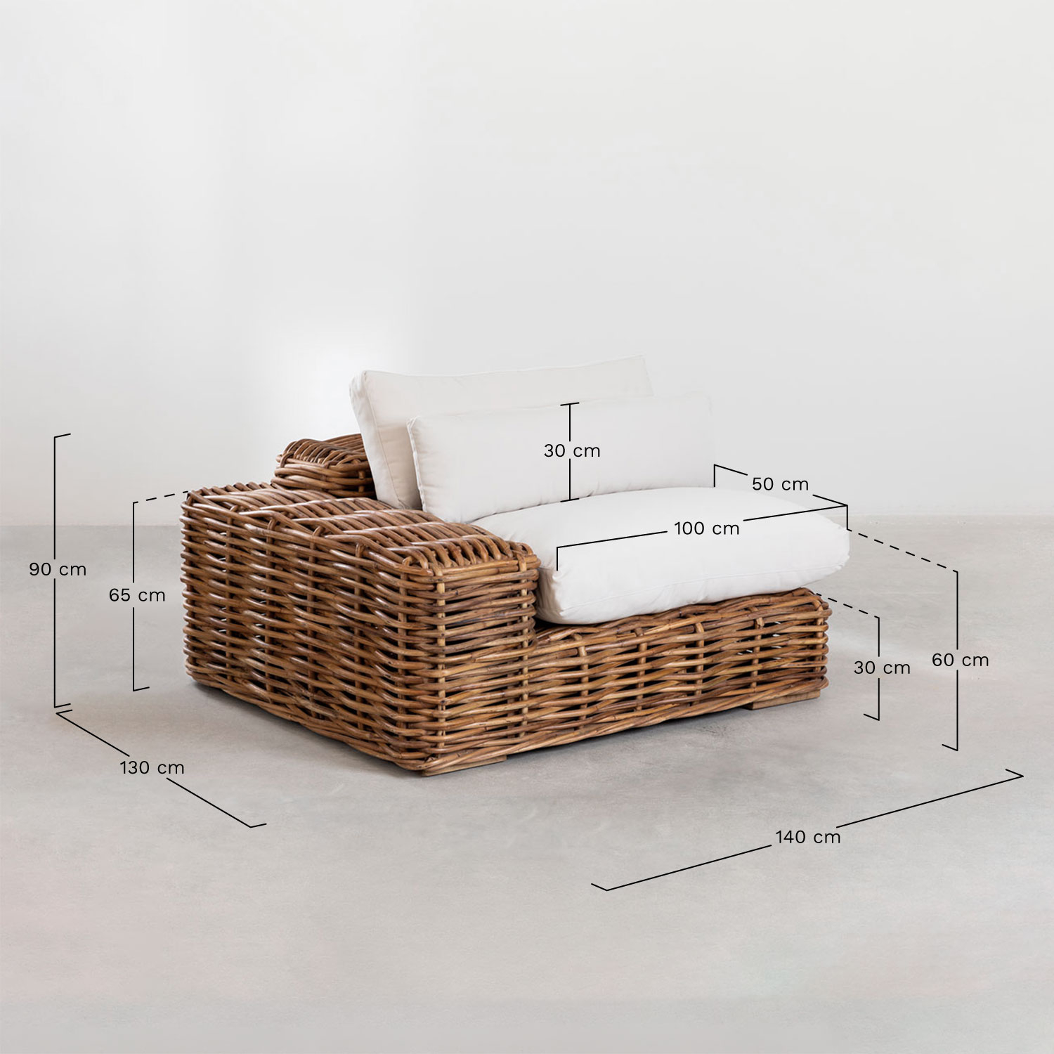 Milu left-hand corner chair in rattan, medidas