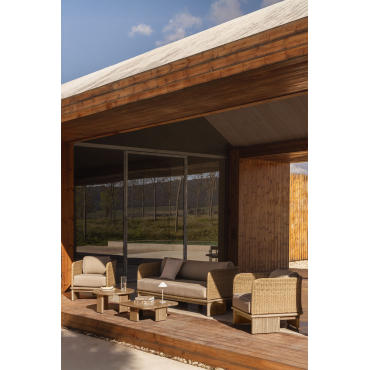 Garden Set With 3-seater Sofa, 2 Armchairs And 2 Coffee Tables In Rattan And Acacia Wood Famara Light Brown Acacia - Sklum