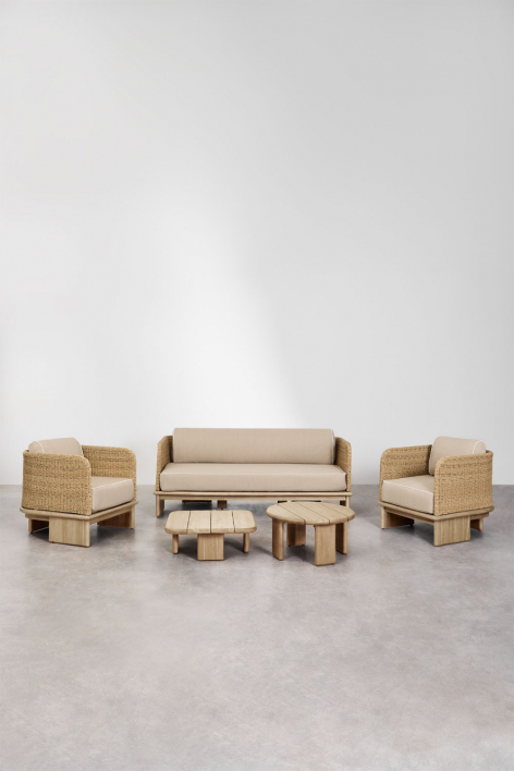 Living room set with 3-seater sofa, 2 armchairs and 2 coffee tables in rattan and acacia wood Famara