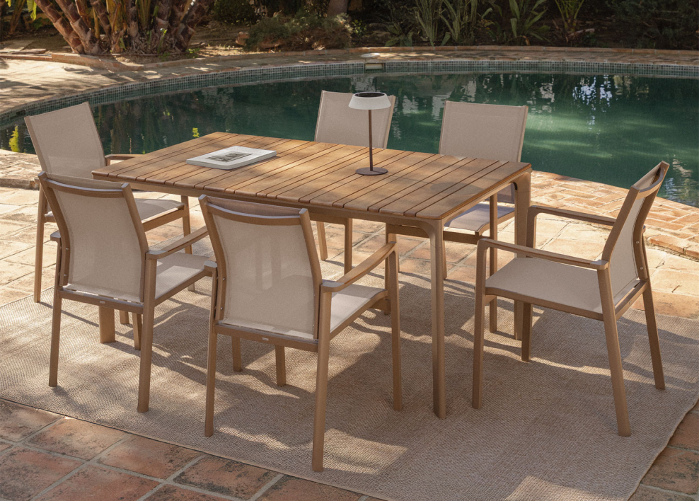 Katiana Rectangular Aluminum and Teak Wood Table Set (160x90 cm) and 6 Elvira Aluminum Garden Chairs
