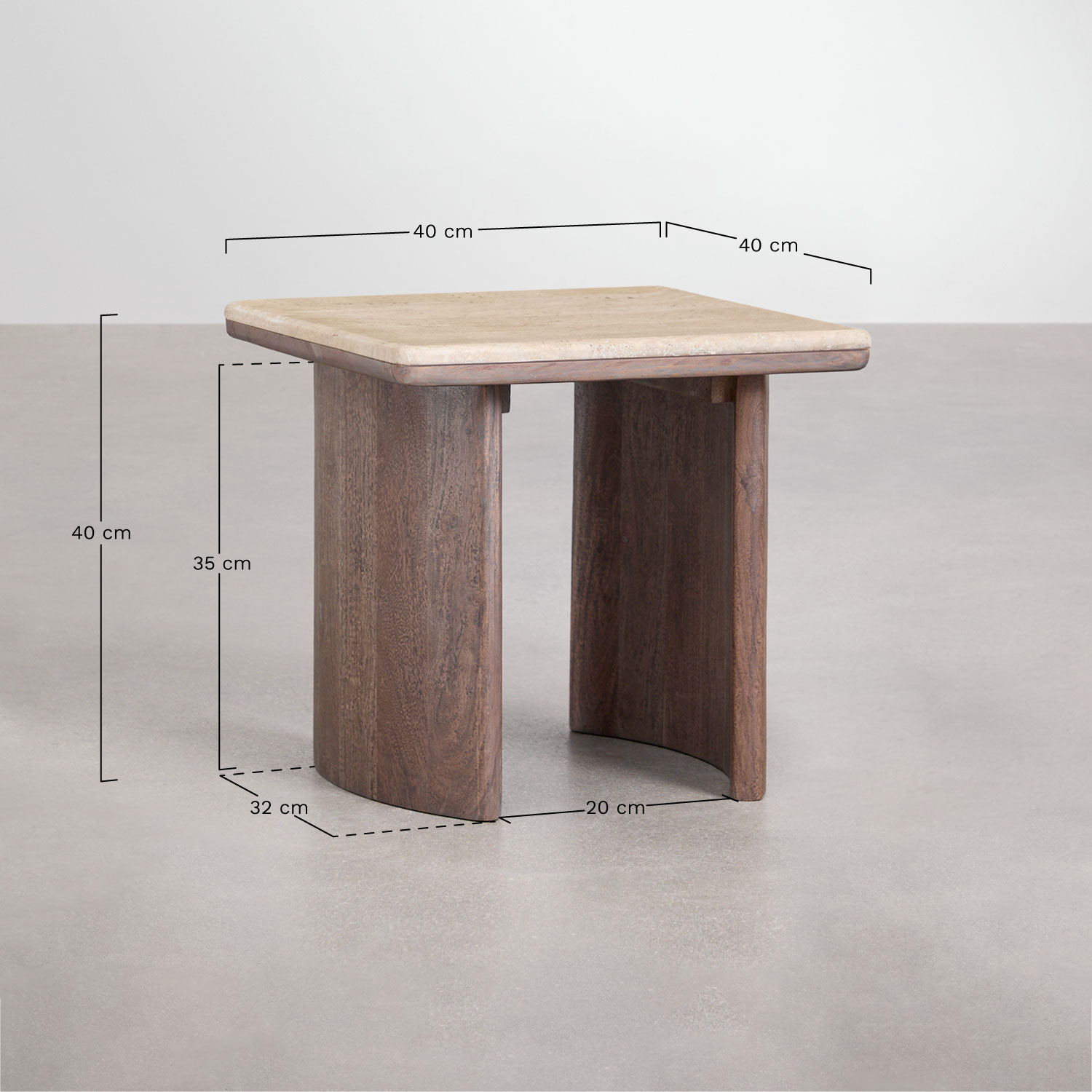 Set of 2 square side tables in travertine and acacia wood Casilda, medidas