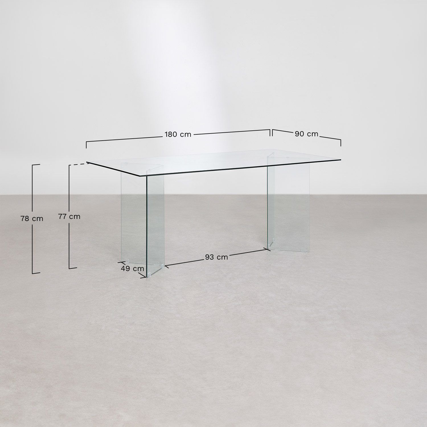 Mesa de comedor rectangular 180x90 cm en cristal Purio, medidas