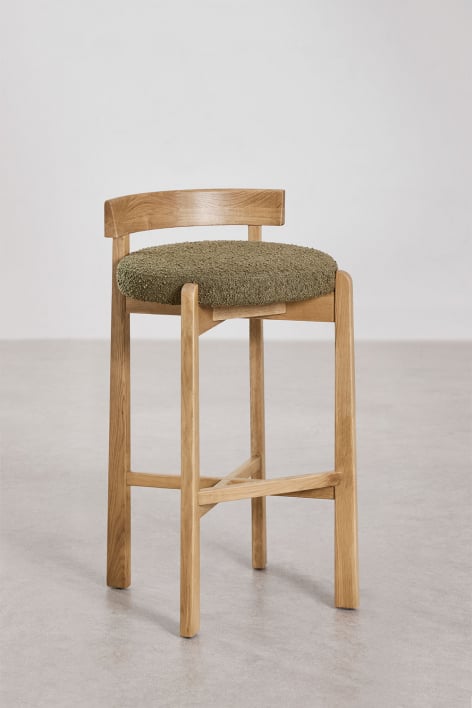 High stool 75 cm in natural finish oak wood and army green boucle fabric Manila - Green Sage Bouclé