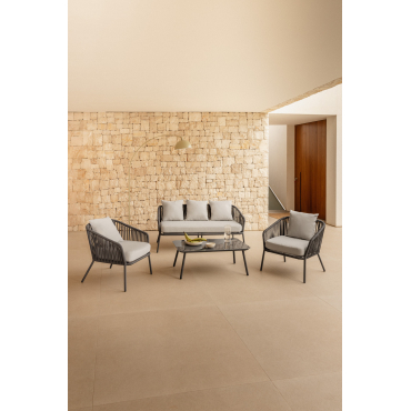 Garden Set With 2-seater Sofa, 2 Armchairs And Coffee Tables In Aluminium And Braided Rope Arhiza Grey Graphite - Sklum