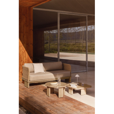 Garden Set With 3-seater Sofa And 2 Coffee Tables In Rattan And Acacia Wood Famara Light Brown Acacia - Sklum