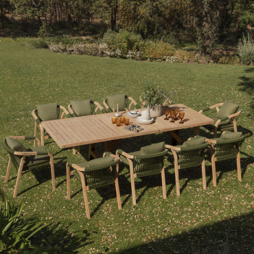 Rectangular Extendable Table Set 200-260-320x100 Cm And 10 Garden Chairs With Armrests In Dubai Acacia Wood Light Army Green & Rustic Acacia Brown -