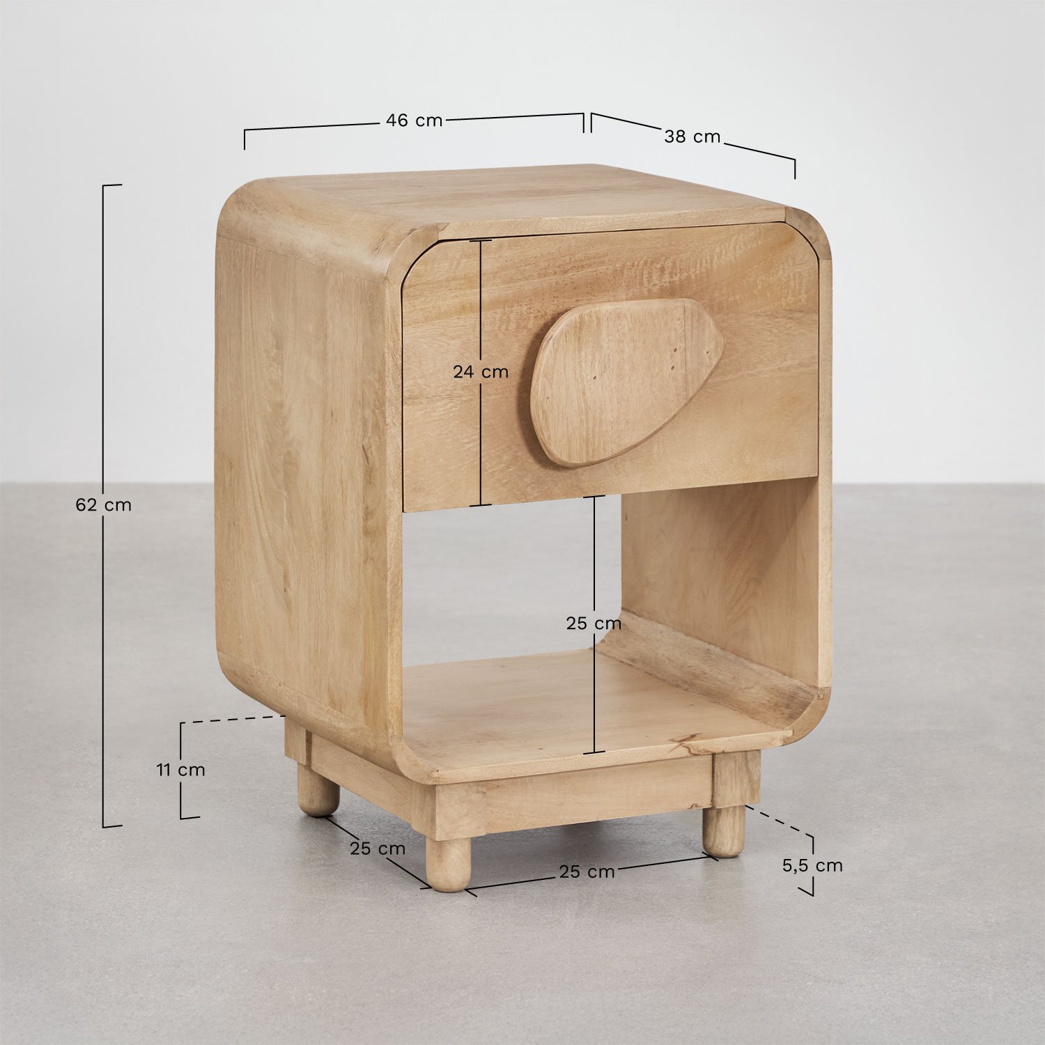 Joel mango and acacia wood bedside table, medidas