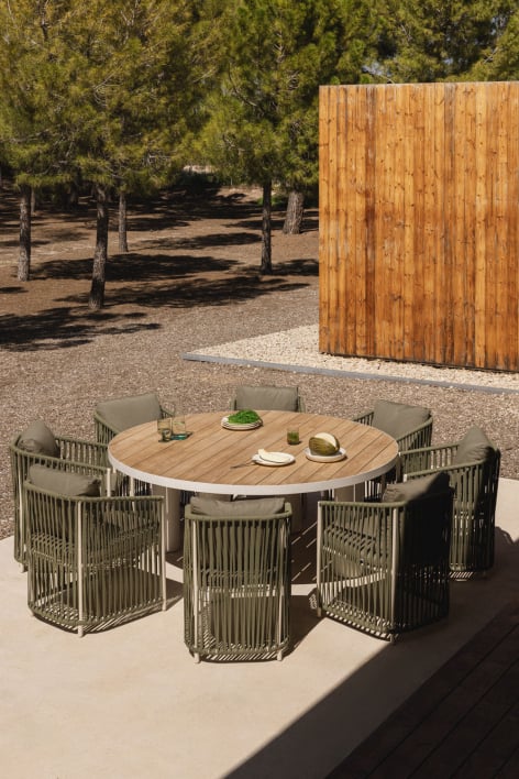Riviera round table set, Ø180 cm, in teak wood and aluminum, and 8 Sophie garden chairs in aluminum and braided rope.