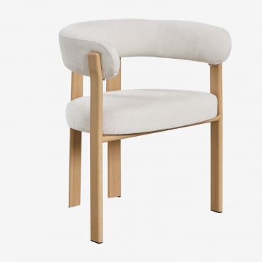 Jolie Upholstered Dining Chair With Armrests And Iron Frame Natural Wood Brown & Cream Beige Chenille - Sklum