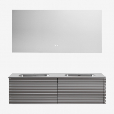 Noura Wooden Bathroom Furniture Set With Integrated Sinks Grey Nickel & Rectangular Led And Antifog 160x75 Cm Jorvi & Without Tap - Sklum
