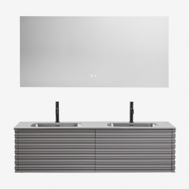 Noura Wooden Bathroom Furniture Set With Integrated Sinks Grey Nickel & Rectangular Led And Antifog 160x75 Cm Jorvi & 2 X Black ↑20 Cm - Sklum