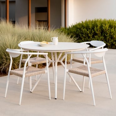 Round Table Set Ø100 Cm In Valerie Aluminum And 4 Garden Chairs With Armrests In Aluminum And Synthetic Rattan Marsha Gardenia White - Sklum