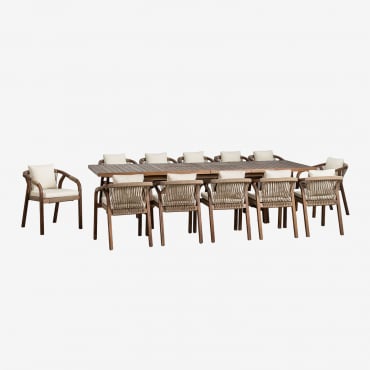 Extendable Rectangular Table Set 200-260-320x100 Cm And 12 Garden Chairs With Armrests In Dubai Acacia Wood Dark Acacia Brown & Fabric Gardenia White