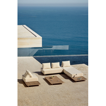 Garden Set With 3-piece Modular Chaise Longue Sofa, Side Table, Armchair And Coffee Table 160x95 Cm In Portet Acacia Gardenia White - Sklum