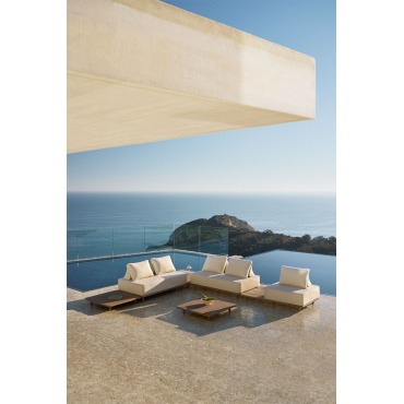 Garden Set With 4-piece Modular Corner Sofa With Side And Coffee Table 95x95 Cm In Portet Acacia Gardenia White - Sklum