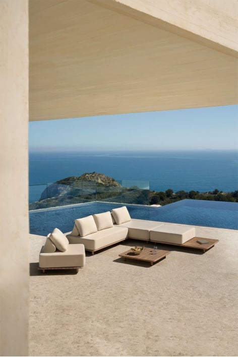 Garden set with 3-piece modular chaise longue sofa, side table, armchair and coffee table 95x95 cm in Portet acacia