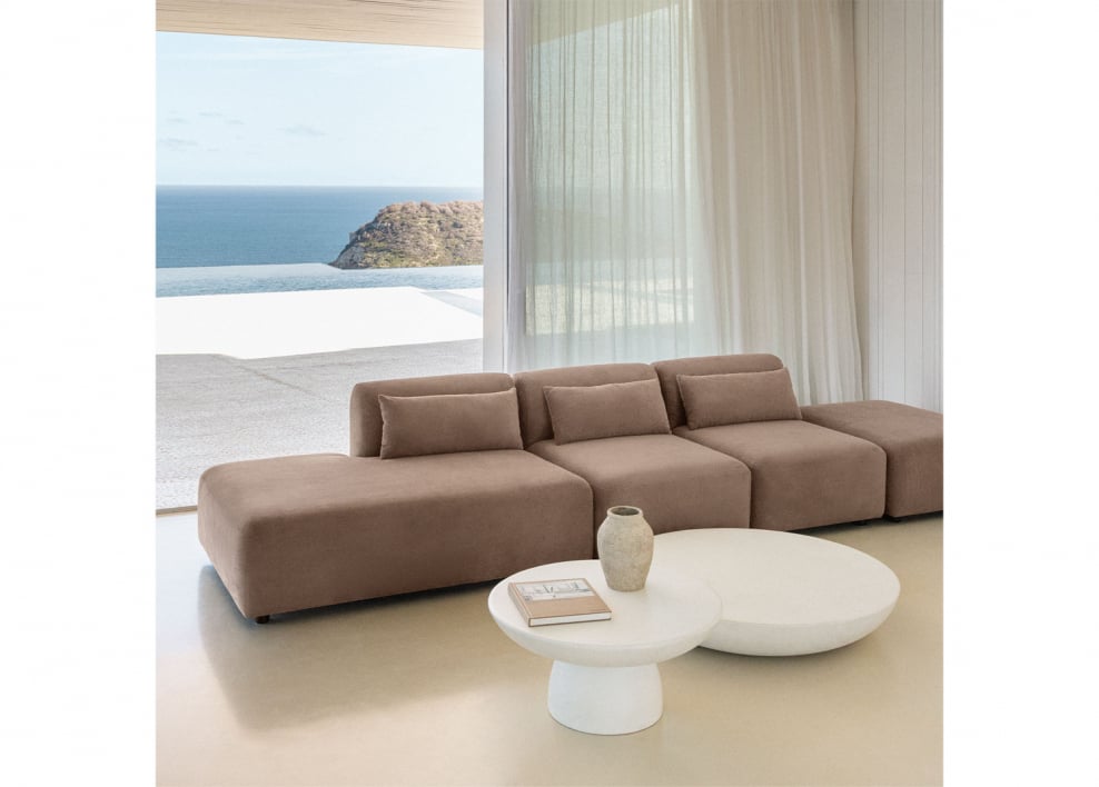 3-piece modular sofa with left chaise lounge and Fogler pouf - Corduroy Camel Brown