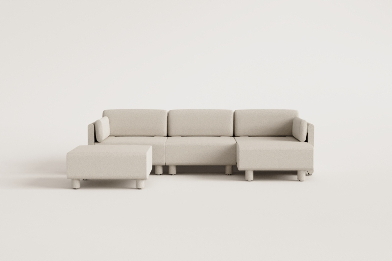3-piece right-sided chaise longue modular sofa and pouf in Artemisa bouclé fabric