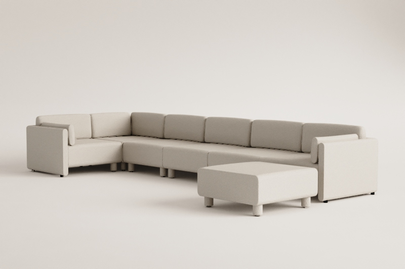 6-piece modular left-hand corner sofa and pouf in Artemisa bouclé fabric