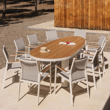 Taneli Oval Table Set, 260x110 Cm, Made Of Aluminum And Teak Wood, And 10 Elvira Stackable Aluminum Garden Chairs. Teak Wood - Sklum