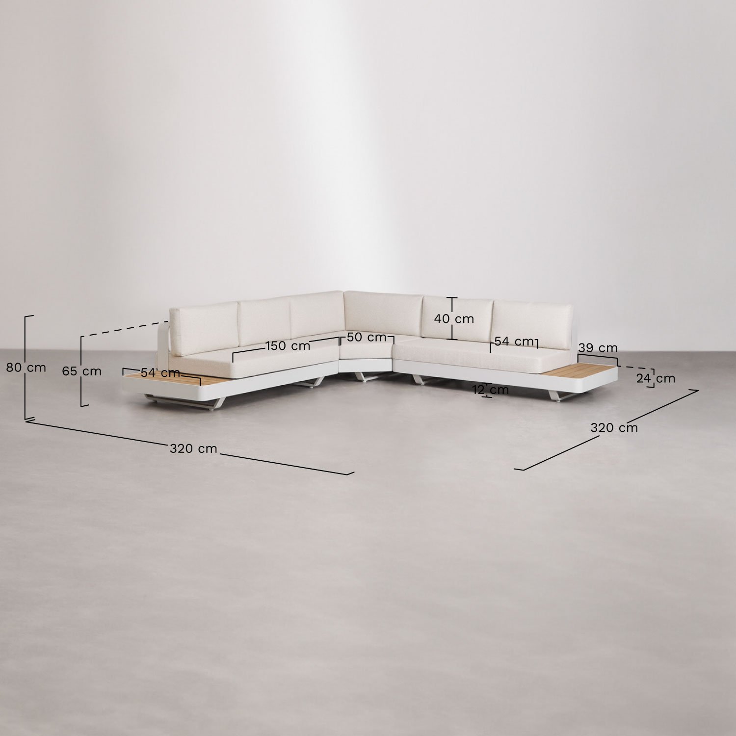 Garden set with 5-seater corner sofa and coffee table in aluminium and teak wood Yarilo, medidas