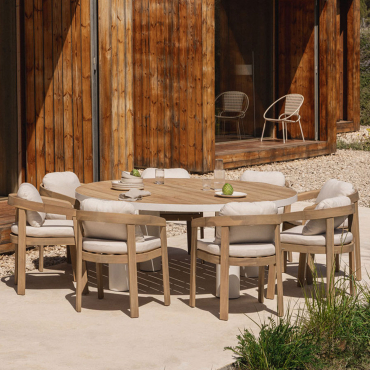 Riviera Round Table Set, Ø180 Cm, In Teak Wood And Aluminum, And 8 Uleno Acacia Wood Garden Chairs. Teak Wood - Sklum