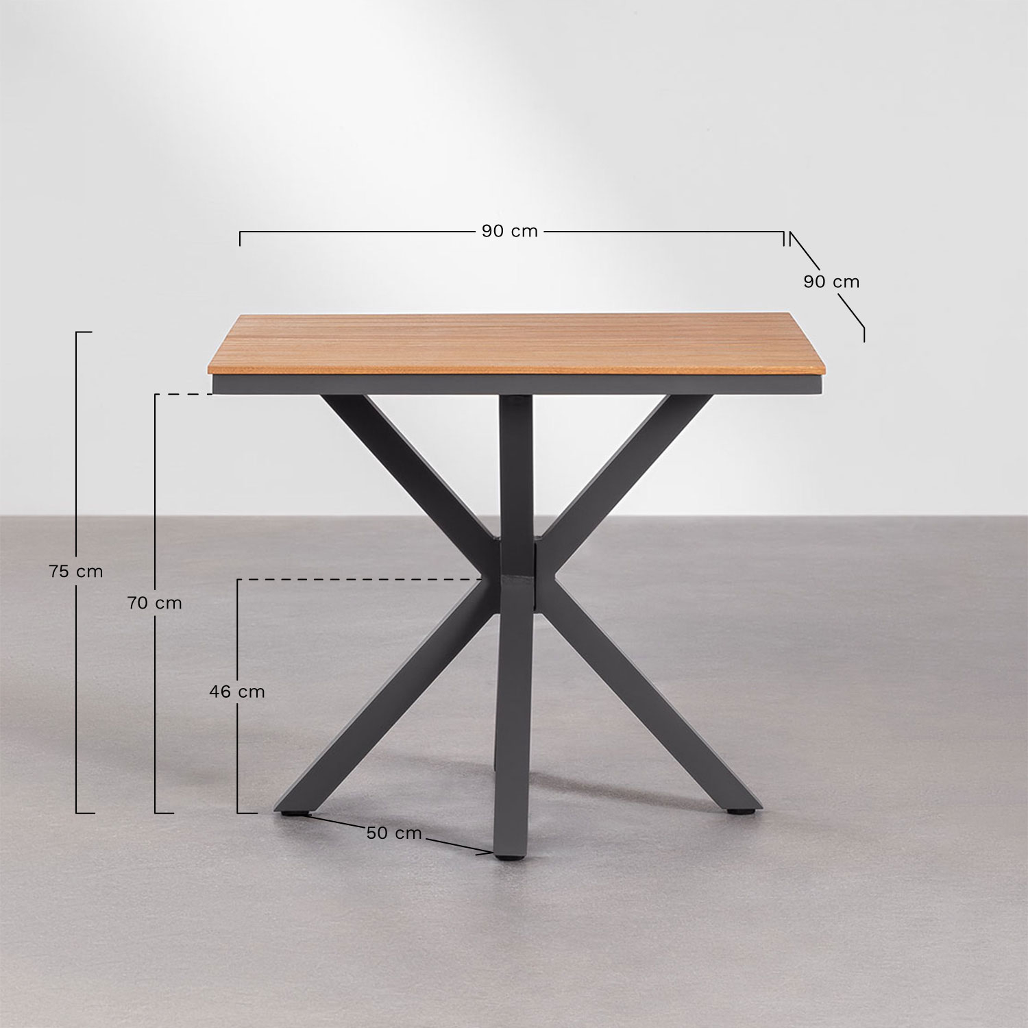 Set of square table (90x90 cm) and 4 Archer garden chairs, medidas