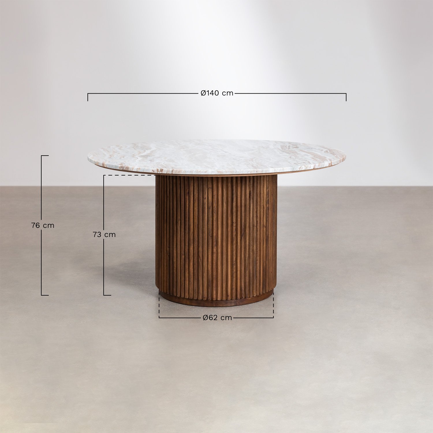 Giselda round dining table in natural stone and mango wood, medidas