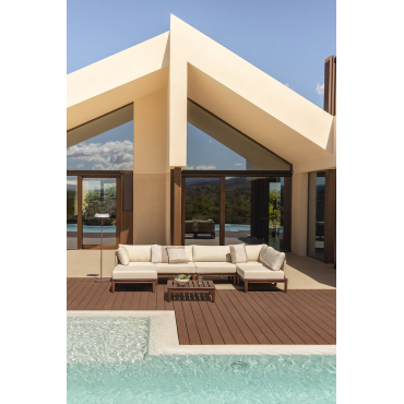 Garden Set With 5-piece Modular Corner Garden Sofa, Coffee Table And Pouf In Giulia Acacia Wood Beige Cream - Sklum