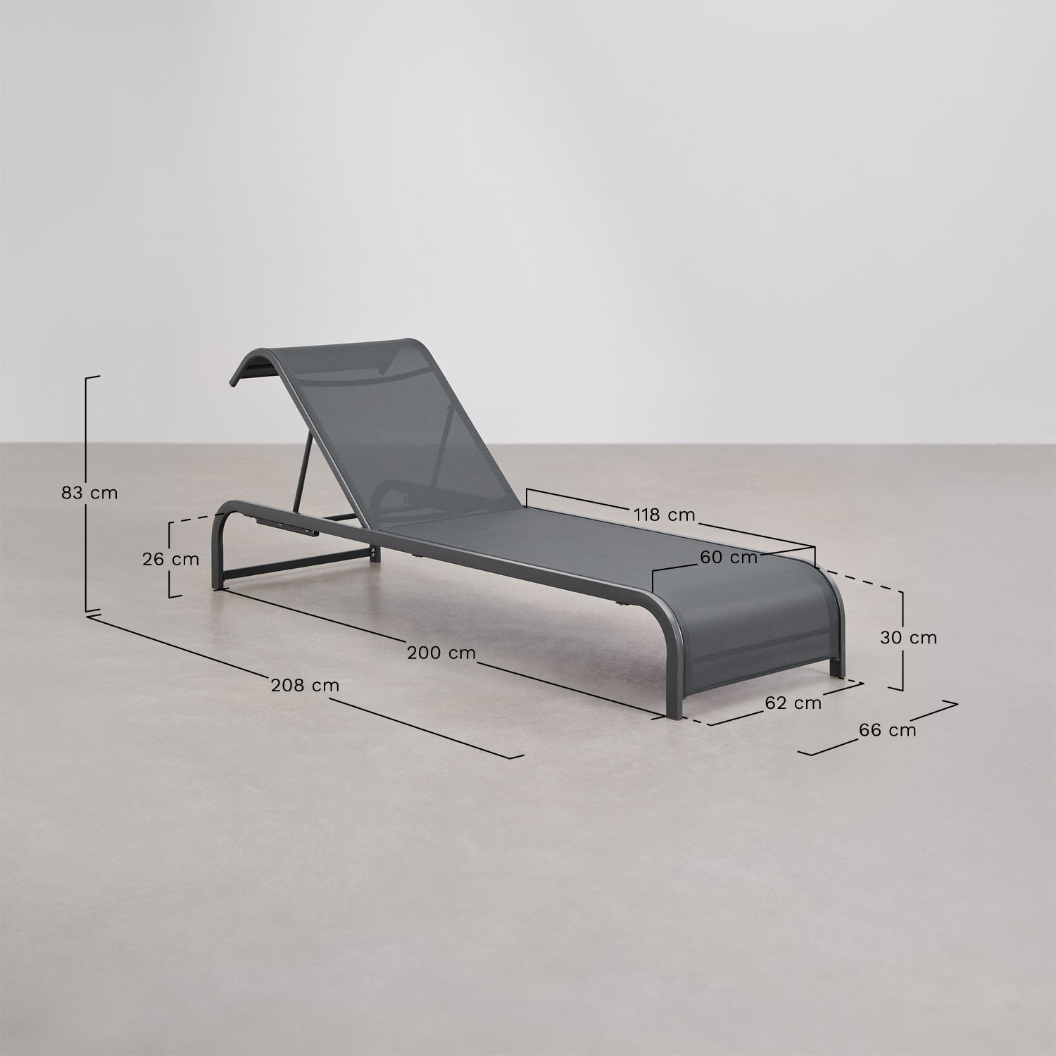 Set of 2 reclining loungers and side table in steel Marietta, medidas