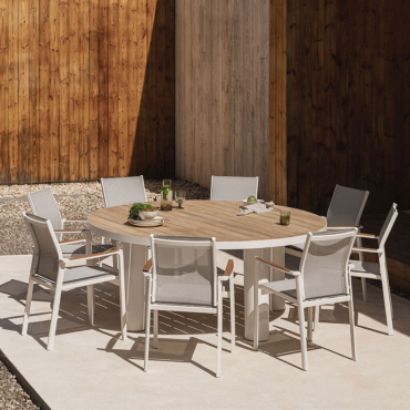 Riviera Round Table Set, Ø180 Cm, In Teak Wood And Aluminum, And 8 Elvira Stackable Aluminum Garden Chairs. Teak Wood - Sklum