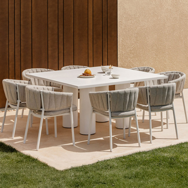 Set Of 150x150 Cm Square Table In Lisbon Cement And 8 Garden Chairs In Aluminum And Fabric Roderise Fabric Sand Brown - Sklum