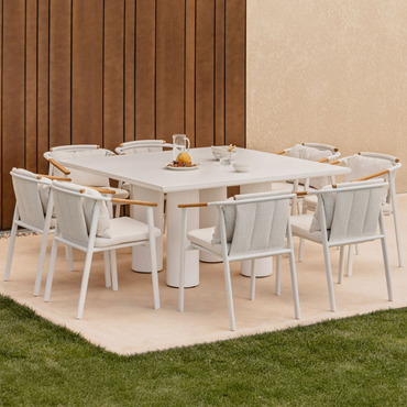 Lisboa 150x150 Cm Square Cement Table Set And 8 Yervin Garden Chairs In Aluminum And Bouclé Fabric Natural Colors Bouclé - Sklum