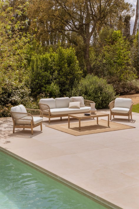Garden set with 3-seater sofa, 2 armchairs, and coffee table in acacia wood and braided Karvia rope - Fabric White