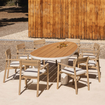 Taneli Oval Table Set, 260x110 Cm, Made Of Aluminum And Teak Wood, And 8 Saira Acacia Wood Garden Chairs. Teak Wood - Sklum