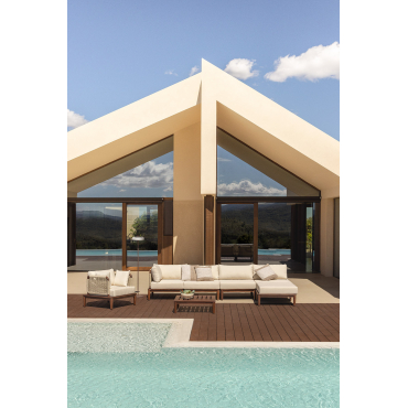 4-piece Corner Modular Sofa Garden Set, Coffee Table, Pouf, And Armchair In Acacia Giulia Dark Acacia Brown - Sklum