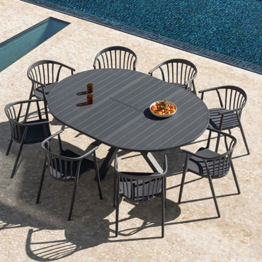 Barces Extendable Round Table Set, 145-200x145 Cm, Made Of Aluminum And 8 Ivor Stackable Garden Chairs With Armrests. Grey Graphite - Sklum