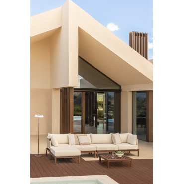 4-piece Modular Garden Sofa Set With 2 Corner Armchairs, Coffee Table And Pouf In Giulia Acacia Wood Beige Cream - Sklum