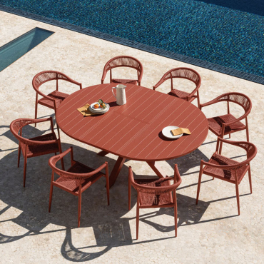 Set Of 145-200x145 Cm Barces Round Extendable Table And 8 Amatria Aluminum Stackable Garden Chairs With Armrests Red Roof Tile - Sklum