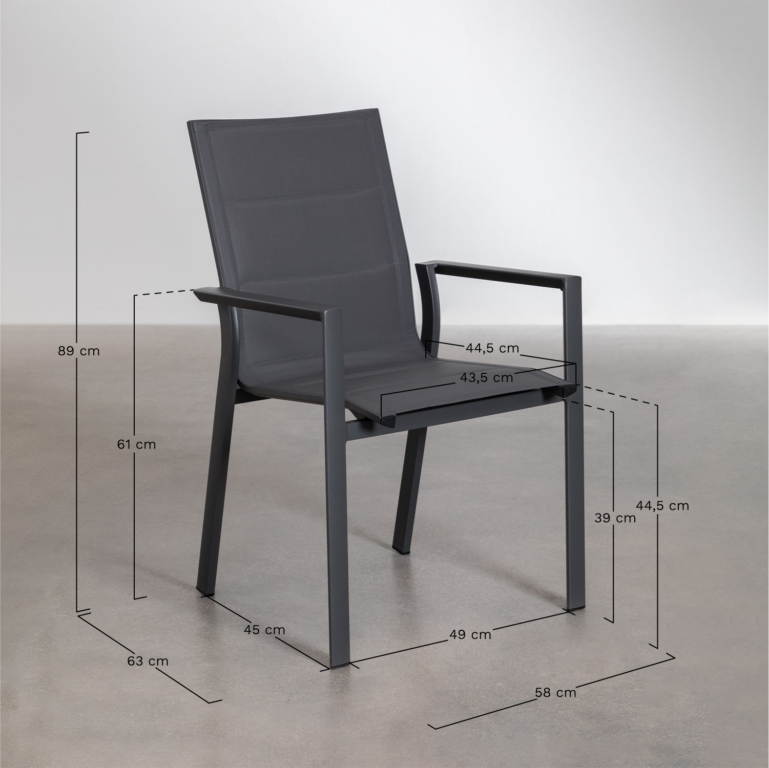 Set of 145-200x145 cm Barces round extendable table and 8 Karena stackable aluminum garden chairs with armrests, medidas