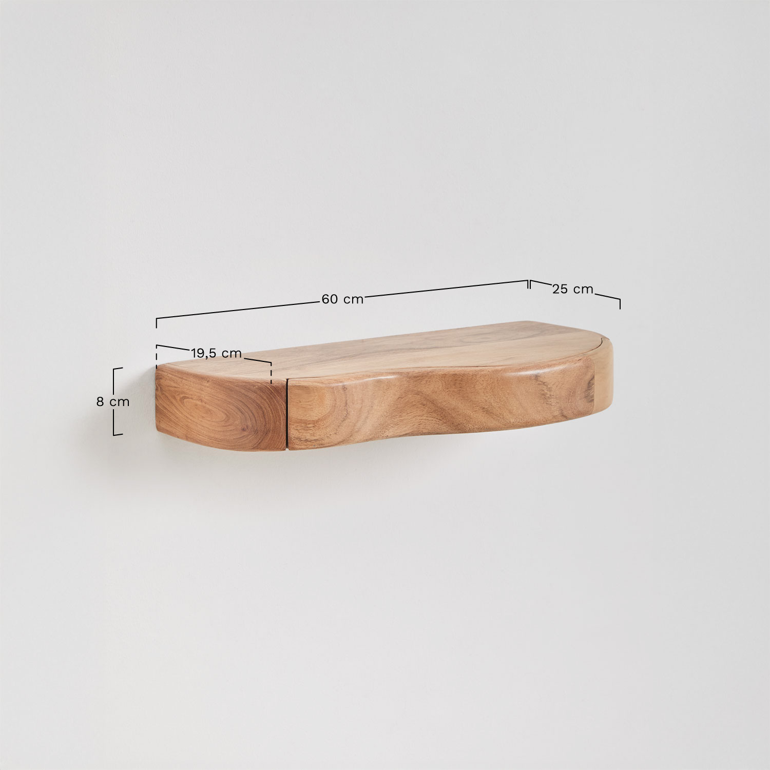 Nireimi acacia wood wall-mounted hallway console with storage, medidas