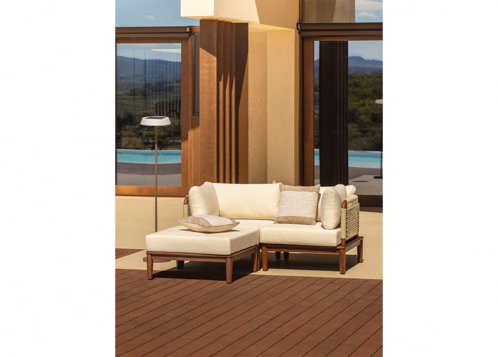 Giulia 2-piece modular garden sofa with 2 corner armchairs and pouf in acacia