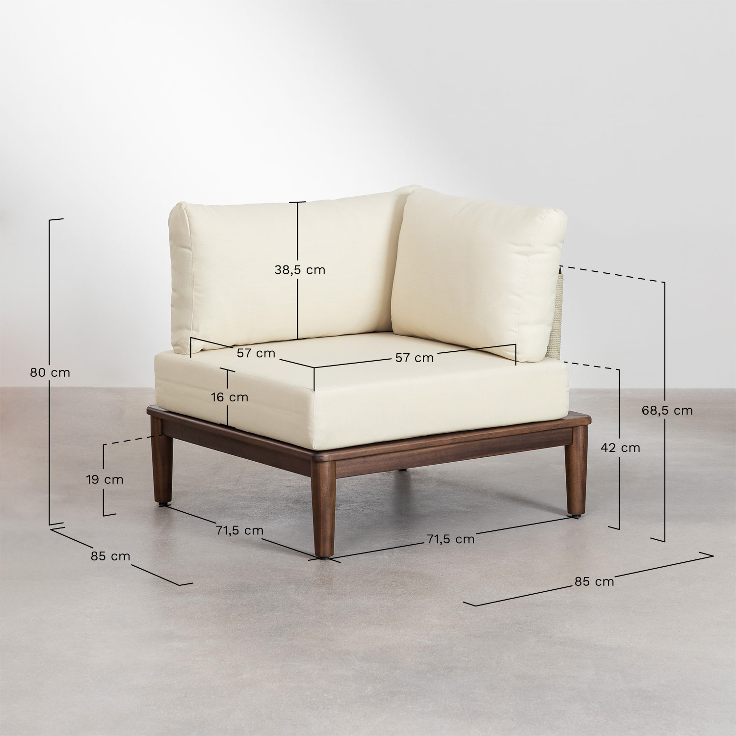 Giulia acacia wood garden corner armchair, medidas