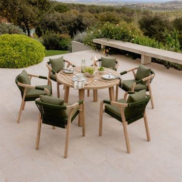 Set Of 120 Cm Round Table And 6 Garden Chairs With Armrests In Dubai Acacia Wood Light Army Green & Rustic Acacia Brown - Sklum