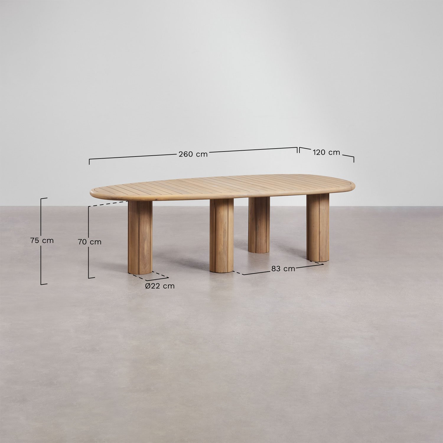 Ginara oval table set ↔︎ 190 cm in acacia wood and 8 Saira garden chairs in acacia wood, medidas